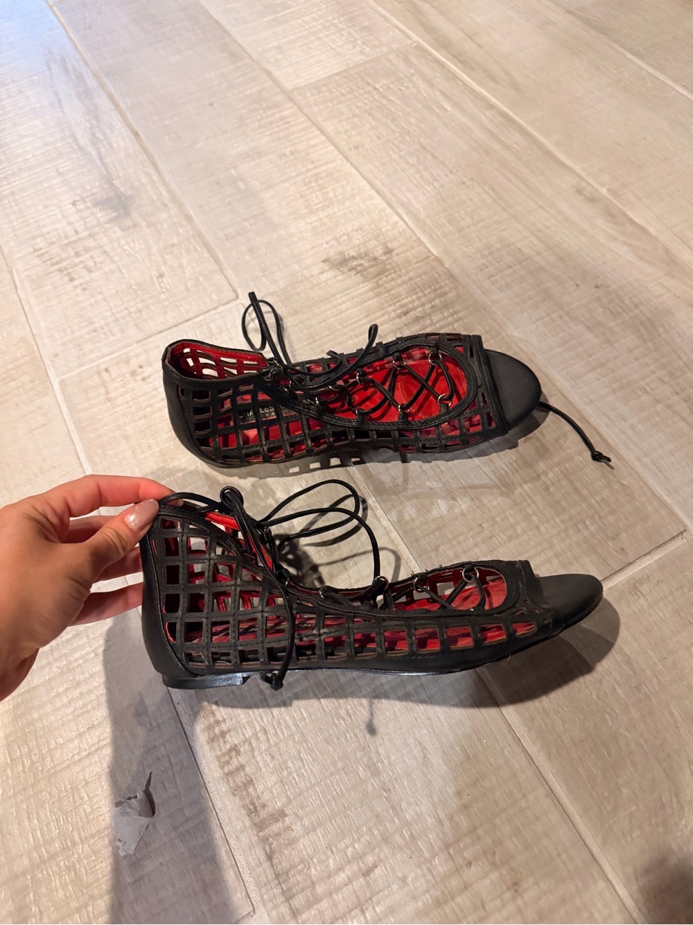 Charles Jourdan Black Cage Lace-Up Sandals with Red Insole